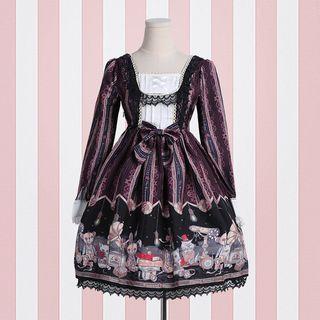 Long-sleeve Cartoon Printed A-line Dress / Ribbon Hair Band / Set