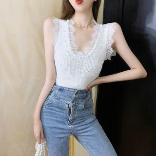 Lace Panel Faux Pearl V-neck Tank Top
