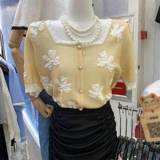 Square-neck Flower Puff Short-sleeve Top