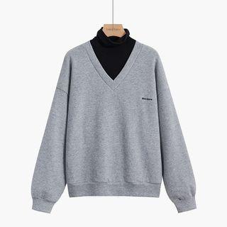 Mock-turtleneck Paneled Lettering Pullover Pullover - Gray - One Size