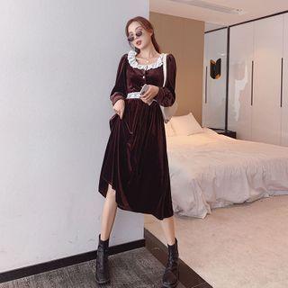 Long-sleeve Lace Trim Velvet Midi Dress