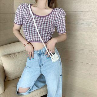 Houndstooth Short-sleeve Knit Cropped Top