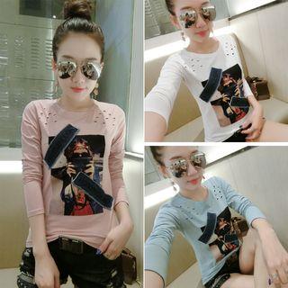 Long-sleeve Distressed Applique Top
