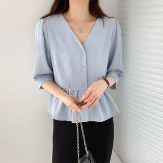 Elbow-sleeve V-neck Plain Blouse