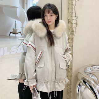 Furry Trim Hooded Drawstring Waist Parka