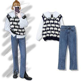 Sheep Print Sweater Vest / Owl Embroidered Blouse / Front-slit Cropped Straight Leg Jeans