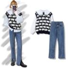 Sheep Print Sweater Vest / Owl Embroidered Blouse / Front-slit Cropped Straight Leg Jeans