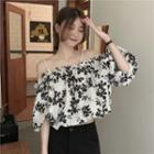 Puff-sleeve Cold Shoulder Print Blouse Black & White - One Size