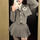 Cropped Blazer / Vest / Pleated Mini A-line Skirt / Shirt With Necktie
