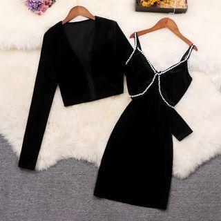 Set: Faux Pearl Slipdress + Open Front Cardigan