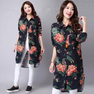 Long-sleeve Floral Long Shirt