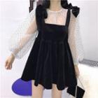 Dotted Sheer Blouse / Velvet Mini Jumper Dress