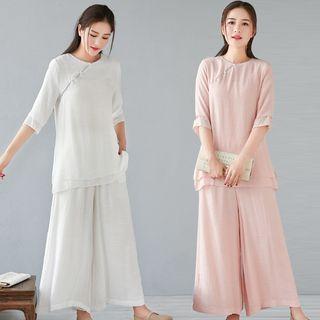 Set: Elbow-sleeve Asymmetric Buttoned Top + Wide-leg Pants