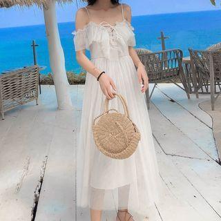 Off-shoulder Lace-up Mesh Midi Sundress