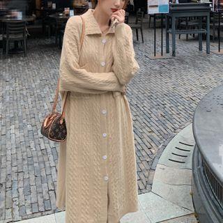 Collared Button-up Knit Midi A-line Dress