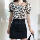 Puff-sleeve Print Cropped Blouse / Mini Pencil Skirt