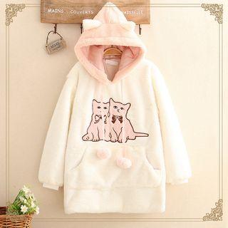 Cat Embroidered Color-block Fleece Hoodie