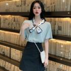 Short-sleeve Polka Dot Neckerchief Paneled T-shirt