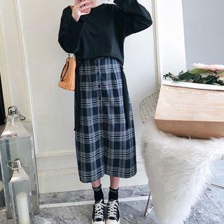 Set: Crew-neck Long-sleeve T-shirt + Plaid Midi Straight-fit Skirt