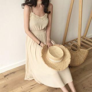 Lace-trim Elastic-waist Midi Spaghetti Strap Dress