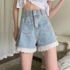 High-waist Lace Flower Trim Denim Shorts