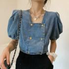 Balloon-sleeve Double-breasted Denim Cropped Blouse Denim Blue - One Size