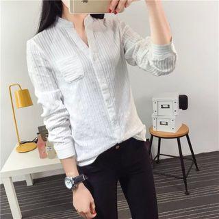 Striped V-neck Stand Collar Shirt