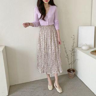 Band-waist Crinkled Floral Print Skirt