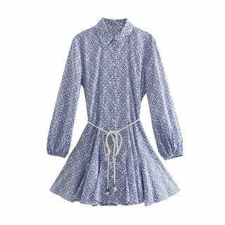 Long-sleeve Patterned Tie-waist Mini A-line Dress