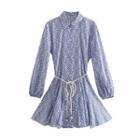 Long-sleeve Patterned Tie-waist Mini A-line Dress