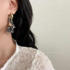Print Fabric Knot Dangle Earring 1 Pair - Black & Khaki & Gold - One Size