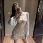 V-neck Shirred Lace Mini Bodycon Dress