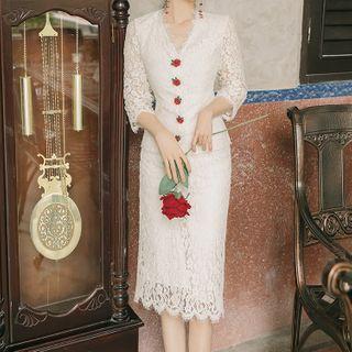 Set: 3/4-sleeve Lace Blouse + Fitted Midi Skirt