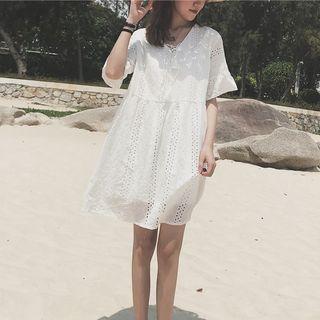 Short-sleeve Mini Perforated Dress White - One Size