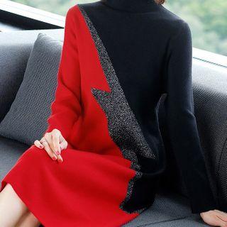 Mock-turtleneck Color Panel Knit Dress