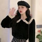 Lace Trim Velvet Long-sleeve Blouse Black - One Size