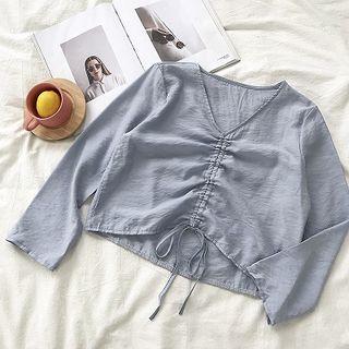 Plain V-neck Frilled Lace-up Top