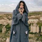 Open-front Embroidered Long Hooded Knit Coat Blue - One Size