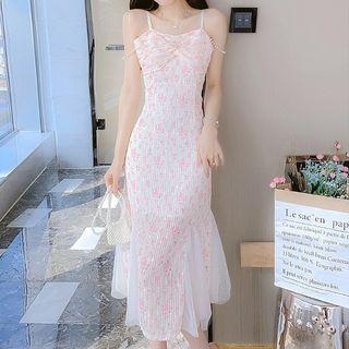 Spaghetti Strap Beaded Floral Print Sheath Dress