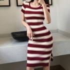 Short-sleeve Striped Ribbed Bodycon Dress