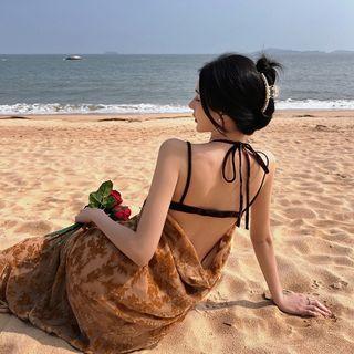 Halter Floral Print Velvet Midi Dress