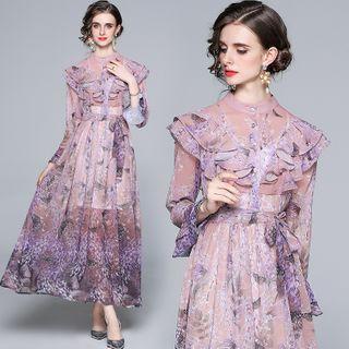 Long-sleeve Flower Print Ruffle Maxi A-line Dress