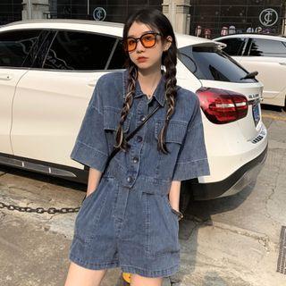 Elbow-sleeve Pocket Detail Denim Shirt / Shorts