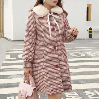 Faux-fur Collar Plaid A-line Coat Dress