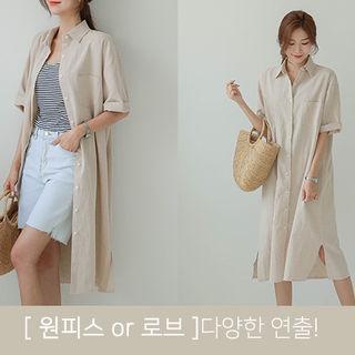 Elbow-sleeve Linen Blend Long Shirtdress