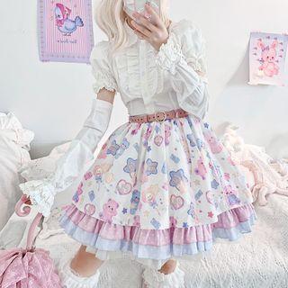 Print Tiered A-line Skirt / Arm Sleeves / Hair Tie / Set