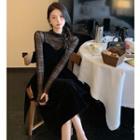 Set: Mock-neck Long-sleeve Mesh Top + Overall Dress