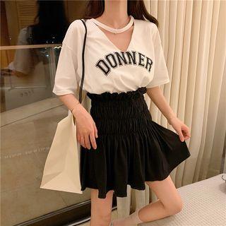 Lettering Cut-out Elbow-sleeve T-shirt / Mini A-line Skirt