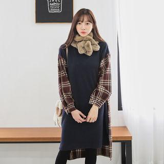 Dip-back Plaid-panel Boxy Dress