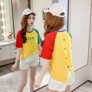 Color Block Letter Printed Split T-shirt